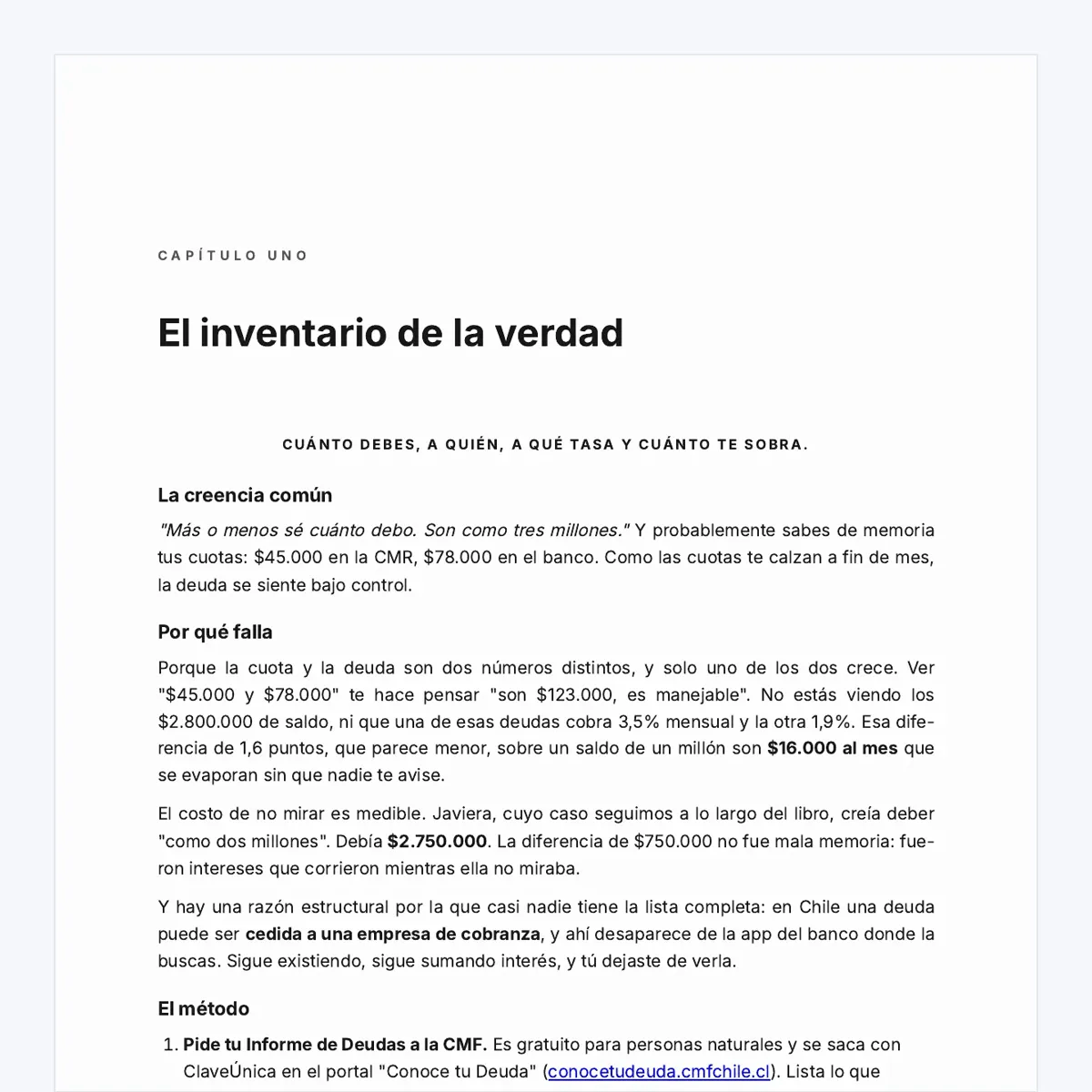 Las páginas del eBook Cómo Salir de Deudas, guía de cómo salir de deudas Chile, pasando una tras otra