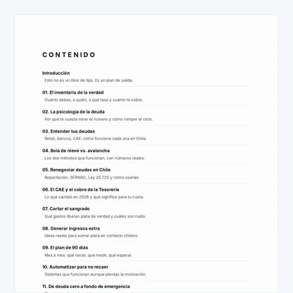 Índice del eBook Cómo Salir de Deudas, guía de como salir de deudas Chile: los 12 capítulos, en 52 páginas