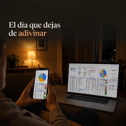 Persona revisando sus finanzas en Kavero PRO desde el telefono y el computador en su casa