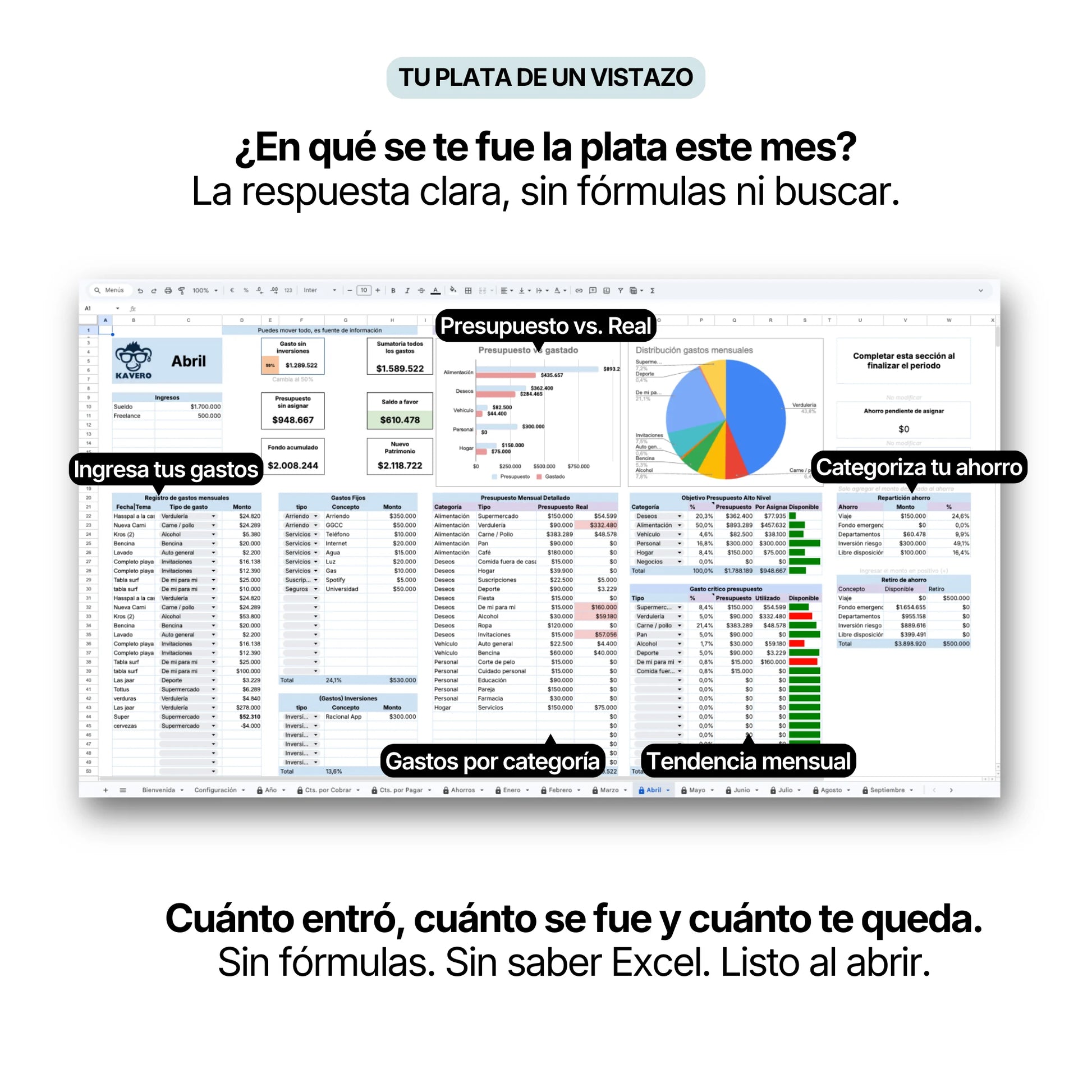 Dashboard mensual Kavero PRO: en qué se te fue la plata este mes, presupuesto vs real y distribución de gastos