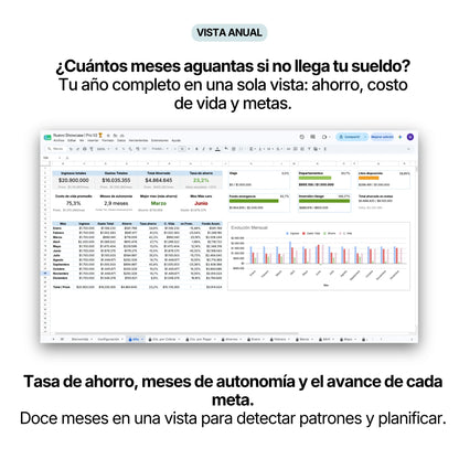 Vista anual Kavero PRO: tasa de ahorro, meses de autonomía, costo de vida y evolución mensual