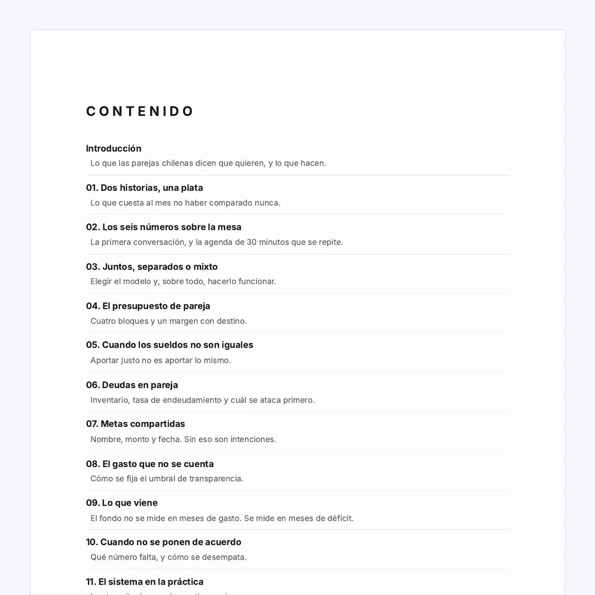 Índice del eBook Finanzas en Pareja, guía de finanzas en pareja: los 12 capítulos, en 50 páginas