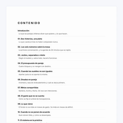 Índice del eBook Finanzas en Pareja, guía de finanzas en pareja: los 12 capítulos, en 50 páginas
